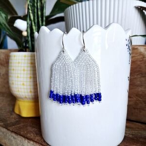 BOGO EARRINGS Blue Boho Beaded Fringe Dangle Earrings, 2"